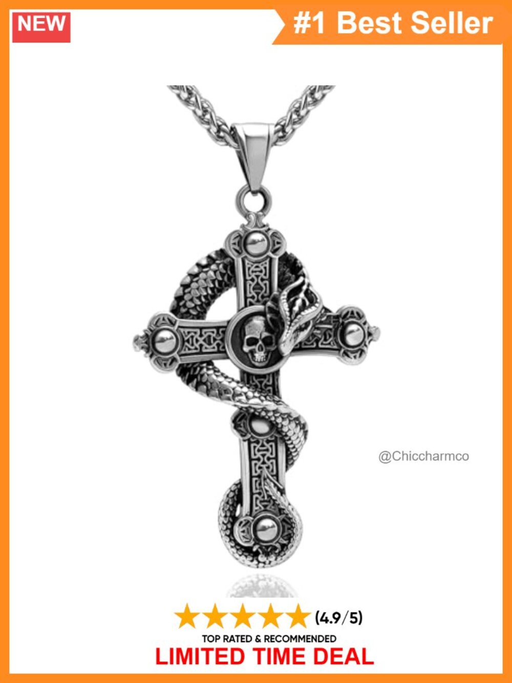 Men's Stainless Steel Cross Pendant Necklace 22 Inch Wheat Chain